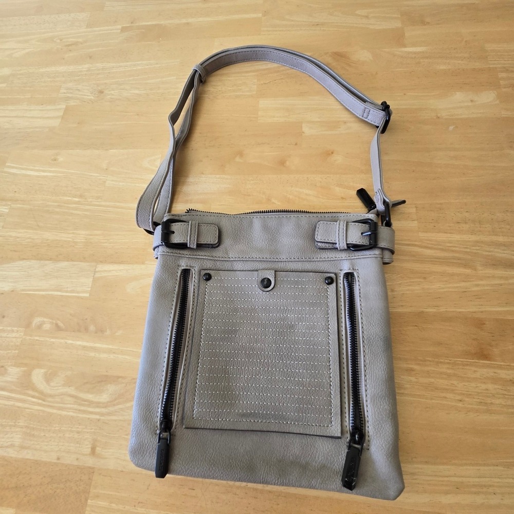 Gussaci Taupe Gray Pebbled Faux Leather Crossbody Messenger Bag Buckle Detail